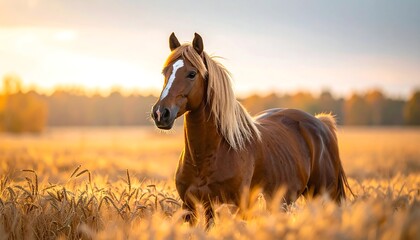 Obraz premium A brown horse with a blonde mane stands in a golden field