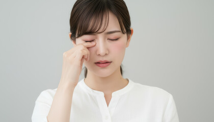 目を擦る女性：花粉症やドライアイによる目の痒みや不快感で目をこする若い女性