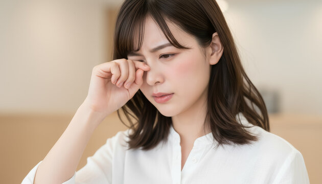 目を擦る女性：花粉症やドライアイによる目の痒みや不快感で目をこする若い女性