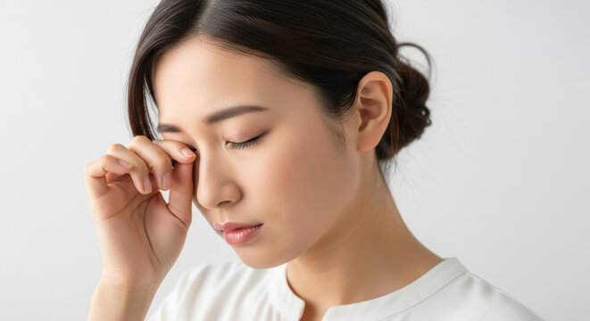 目を擦る女性：花粉症やドライアイによる目の痒みや不快感で目をこする若い女性