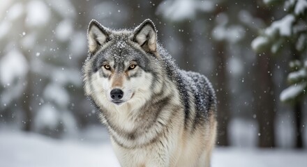 Obraz premium Majestic Wolf Portrait in Winter Wonderland with Snowfall.