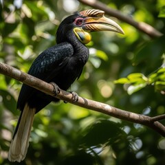 Fototapeta premium Majestic Wrinkled Hornbill Perched on a Branch in Lush Forest.