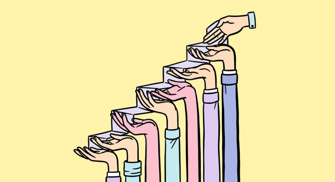 Multiple hands reaching out to help each other in a stair step formation illustration