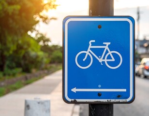 A blue road sign with a white bicycle and arrow on a post