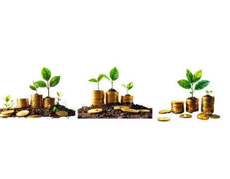 Plant growing from gold coin stacks representing financial growth and investment success concept idea png on transparent background