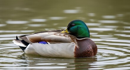 Obraz premium Mallard duck resting peacefully on the tranquil water surface.