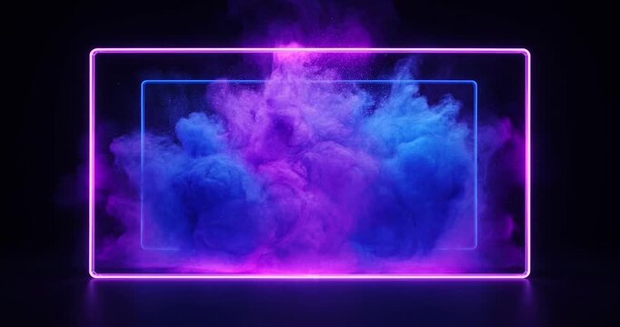 Neon lit rectangular frame with blue and pink explosion rectangle purple light glowing dark background