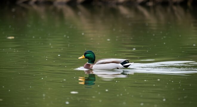 Mallard duck swimming in a pond with green reflections.