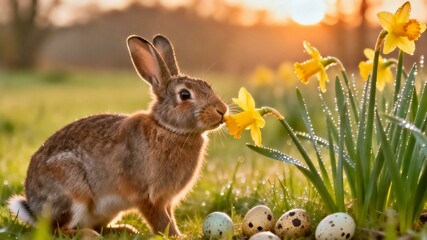 Obraz premium Generative AI illustration of a cute bunny in a spring garden at sunset with colorful Easter eggs