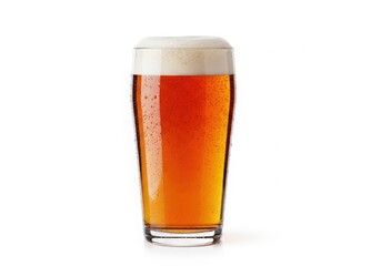 Glass of refreshing amber beer with frothy head isolated on white background