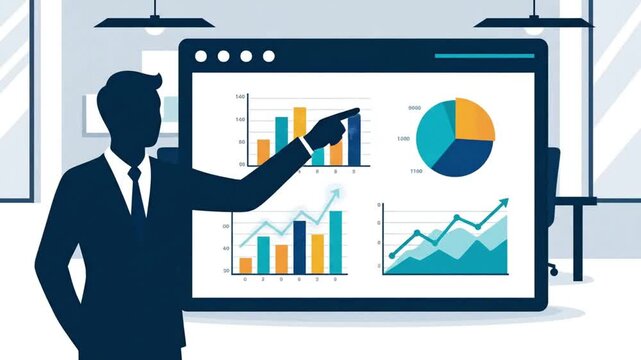 Business presentation with charts and graphs on a large screen, a person pointing to data insights