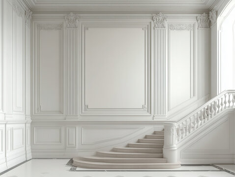 White classic interior staircase wall panel molding luxury palace architecture minimal empty gallery. White classic interior with sweeping staircase and ornate wall panel molding creates bright