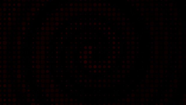 Red dots spiral abstract digital halftone seamless loop motion background suitable for modern backdrops, technology presentations, club visuals, and artistic displays.