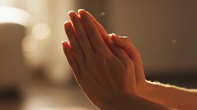 Human hands cupped receiving warm golden light indoors