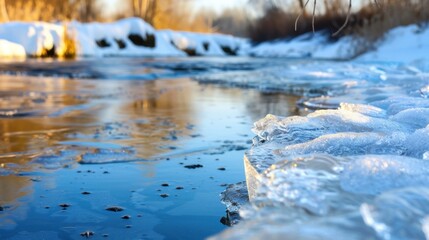 Tranquil Winter Scene with Ice Formations and Calm Water Reflecting Golden Light in a Nature Landscape