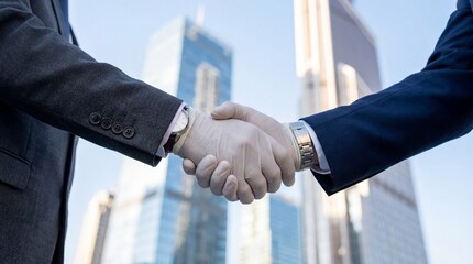 Businessmen shaking hands in front of modern city skyline