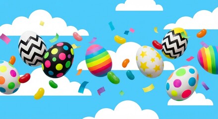 Fototapeta premium Generative AI illustration of colorful Easter eggs floating among soft white clouds in a blue sky