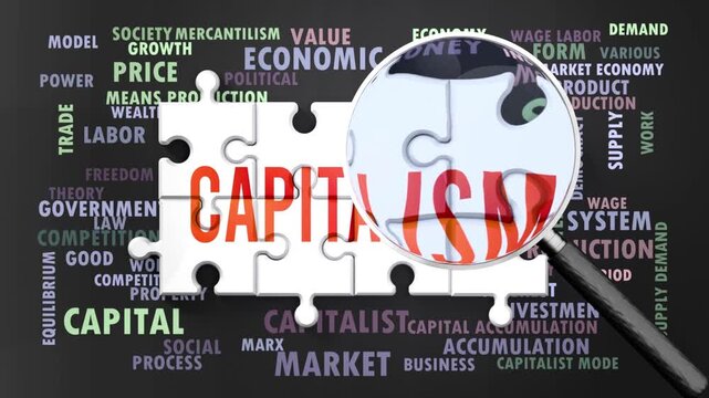 Capitalism under magnifying glass, being researched, studied and examined. Most important subjects and ideas closely related to capitalism written around a puzzle.Can be looped.