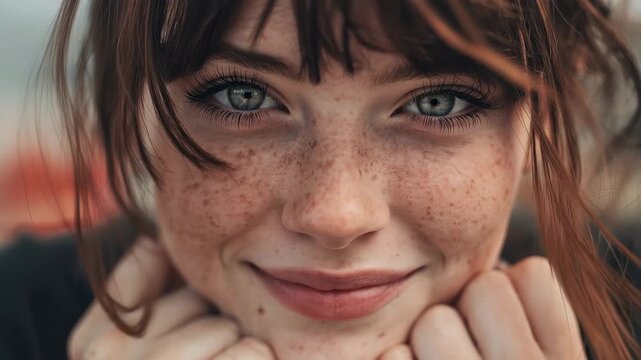 Cute girl with freckles smiling warmly while holding her hands near her face, captured in a lively outdoor setting during golden hour