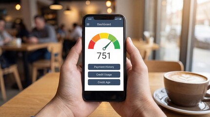 Person checking credit score on smartphone in cozy cafe