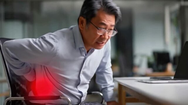 A middle-aged Asian man, dressed in a business casual shirt, experiences intense lower back pain while sitting at his desk in a bright, modern office environment. He clutches his aching back with a cl