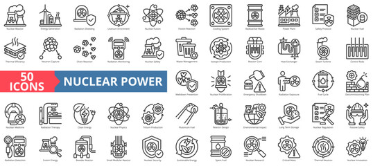 nuclear power icon pack outline contains tritium production, uranium enrichment, decommissioning plan, critical mass, thermal neutron, spent fuel, neutron capture, plutonium fuel, proliferation © Uniconlabs