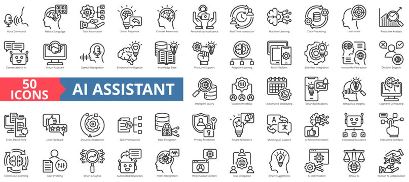 ai assistant icon pack outline contains human collaboration, multi platform, seamless integration, humanlike interaction, intelligent query, cross device sync, continuous learning, user profiling