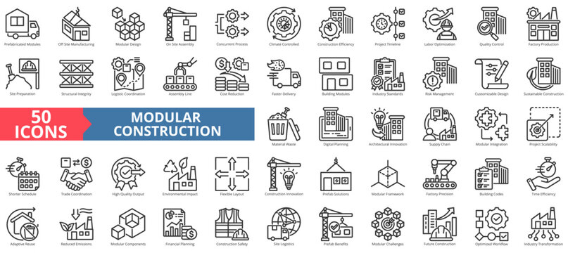 modular construction icon pack outline contains trade coordination, prefab solutions, building codes, time efficiency, adaptive reuse, reduced emissions, site logistics, prefab benefits, challenges