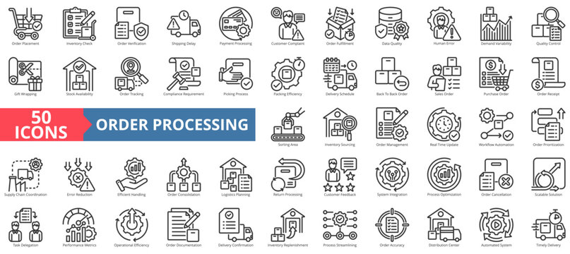 order processing icon pack outline contains real-time update, efficient handling, timely delivery, consolidation, sorting area, receipt, picking, distribution center, automated system, placement