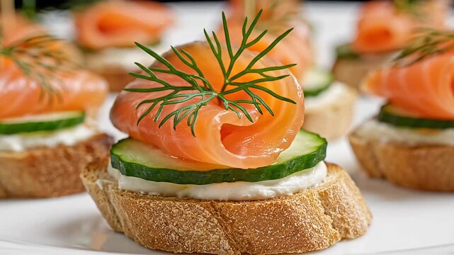Smoked salmon canap&eacute;s with cream cheese and cucumber on a plate