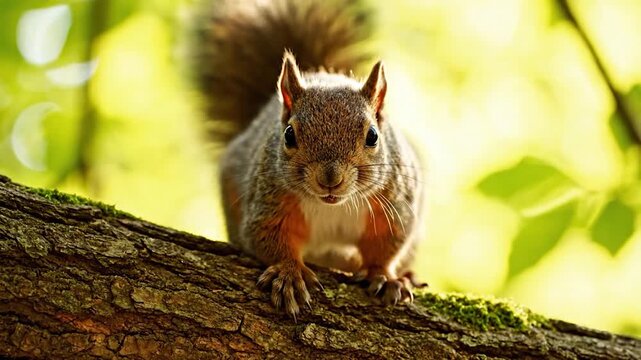 A curious gray squirrel perches on a mossy tree branch outside