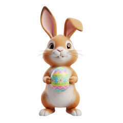 Obraz premium A cartoon bunny holding a colorful easter egg with a white background.