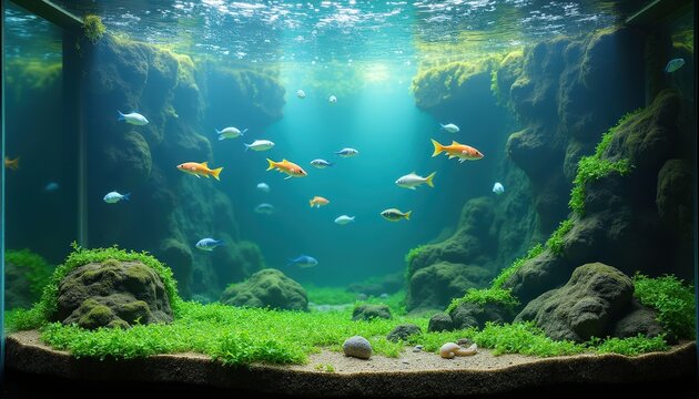Vibrant Underwater Ecosystem Aquarium With Small Colorful Fish Swimming Amidst Lush Green Aquatic Plants and Rocky