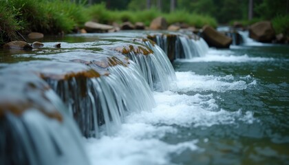 Fototapeta premium Serene Forest Stream With Cascading Water Over Rocks Illuminated By Soft Natural Daylight Peaceful Nature Scene With