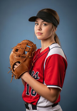 Young female softball player holding leather glove posing in red jersey against blue background
