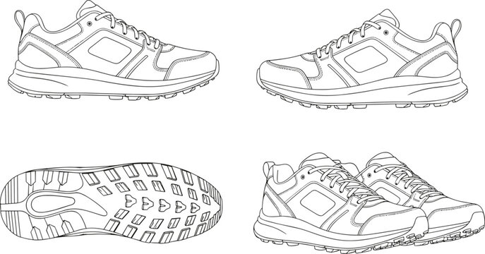 Flat vector illustration of trail running shoes set, side top and sole view athletic sneaker outline design