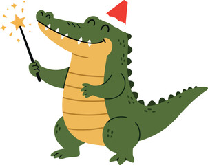 Green Alligator Wearing Santa Hat Sparkler Isolated Minimal Illustration