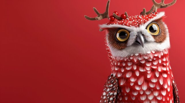 Festive Owl with Antlers and Red Feathers Against a Bright Red Background for Holiday Decoration and Winter Themes