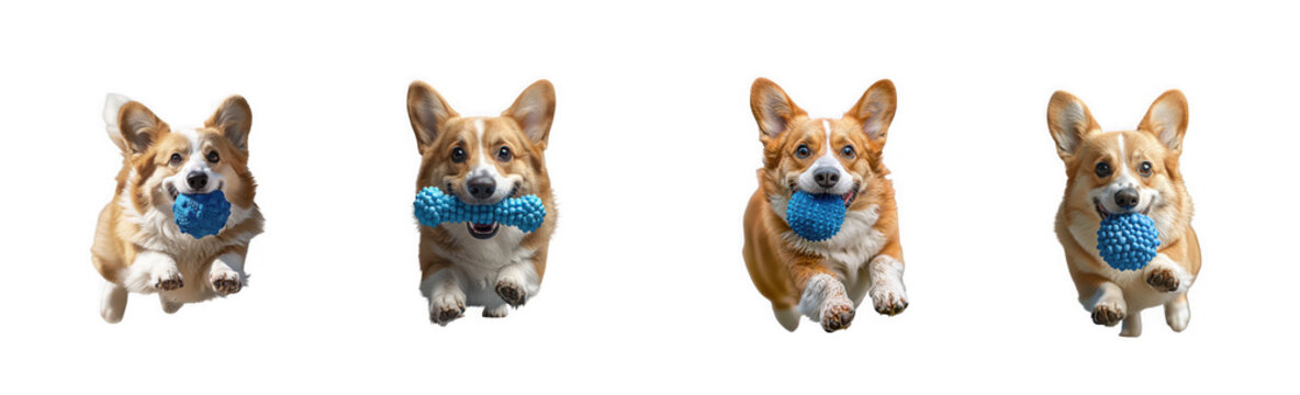 Four happy corgi dogs running and playing with toys, isolated on white background isolated on transparent background