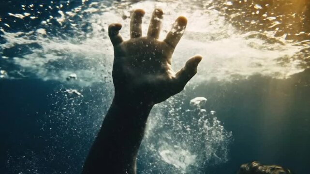 Desperate Struggle Beneath the Surface A Hand Reaching Up for Hope and Survival in Deep, Ominous Waters