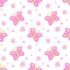 Cute Pink Butterfly and Daisy Seamless Pattern
