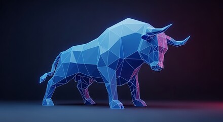 Obraz premium Blue polygonal bull sculpture with neon glow representing a bullish market trend