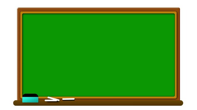 Cartoon school chalkboard with eraser and chalk appearing and disappearing on a green screen background.