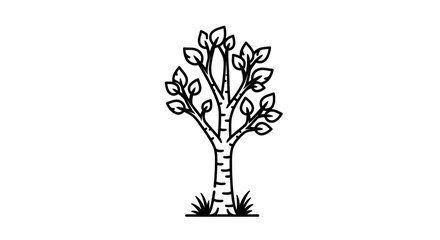 Minimalist Birch Tree Icon with Leaves and Grass, Simple Black and White Line Art