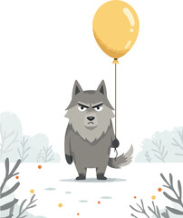 Grumpy Wolf Holds Yellow Balloon in Snowy Landscape Pixel Art