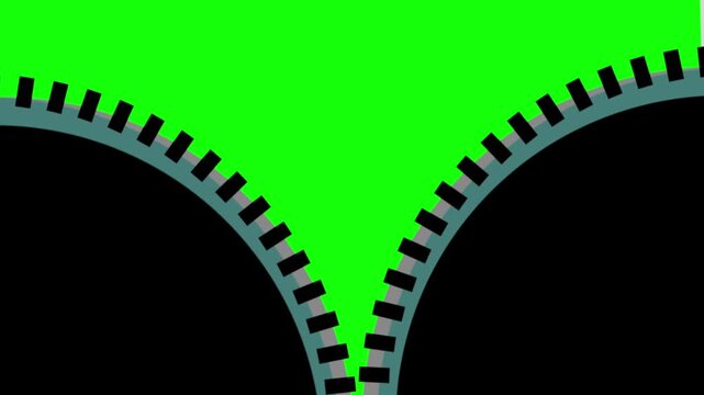 2D animated zipper opening downward to reveal a green screen background for video transitions.