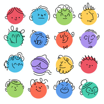 Colorful Doodle Faces Set