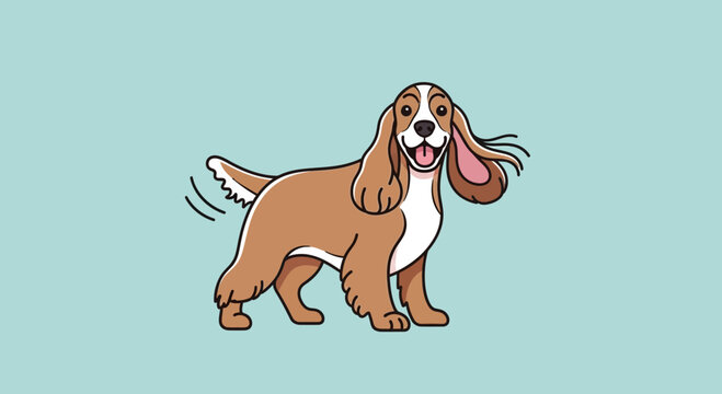 Happy Brown Cocker Spaniel Dog with Floppy Ears and Wagging Tail, Cartoon Style