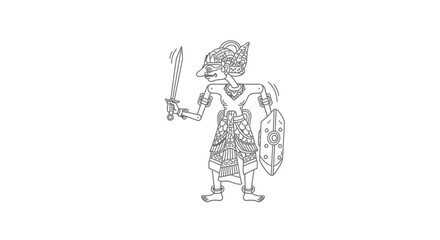 Indonesian Wayang Kulit Shadow Puppet Warrior with Sword and Shield, Line Art