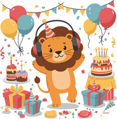 Obraz premium Joyful Lion DJ With Birthday Cake Balloons Confetti and Presents Flat Design